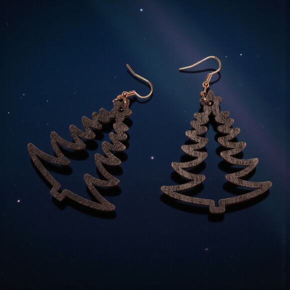 Black Wood Christmas Tree Earrings | Lightweight Holiday Jewelry | 2" x 3.1" - Picture 5 of 5